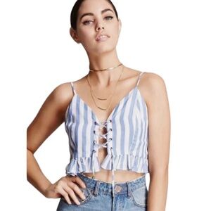 Into Lace up Front Ruffle Hem Blue & White Stripe Crop Tank Top. Size Small